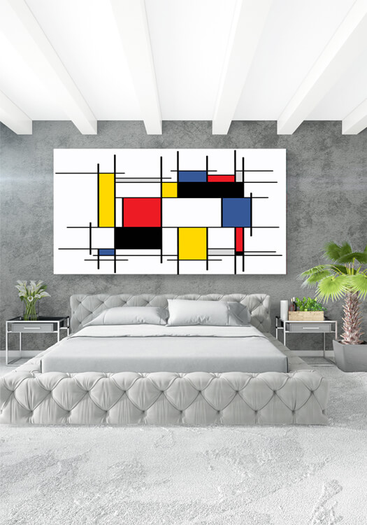 M1 0000 M Mockups PANORAMIC 0000s 0019 AdobeStock 300663889 Abstract painting, geometric, squares, black, blue, yellow,