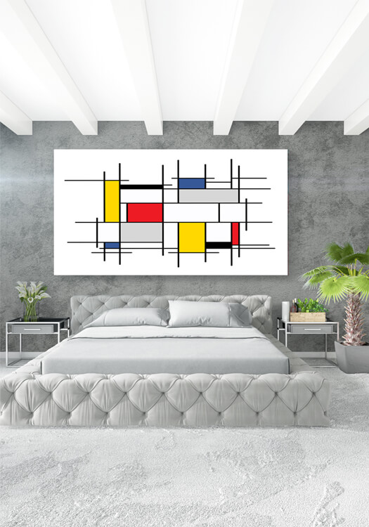 M1 0003 M Mockups PANORAMIC 0000s 0020 AdobeStock 300663815 Abstract painting, geometric, squares, black, blue, yellow,