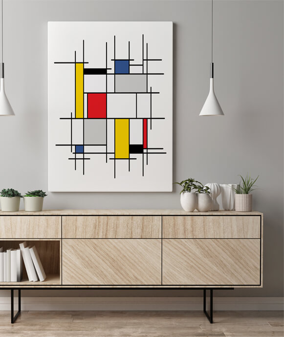 M2 0027 M Mockups PANORAMIC 0000s 0020 AdobeStock 300663815 Abstract painting, geometric, squares, black, blue, yellow