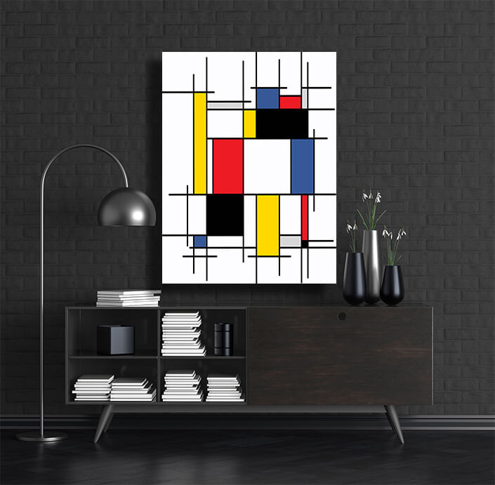 M3_AdobeStock_300663889-Abstract painting, geometric, squares, black, blue, yellow, AOAY1111
