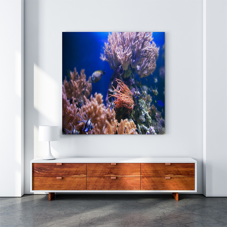 Square poster canvas mockup in modern living room with bureau.