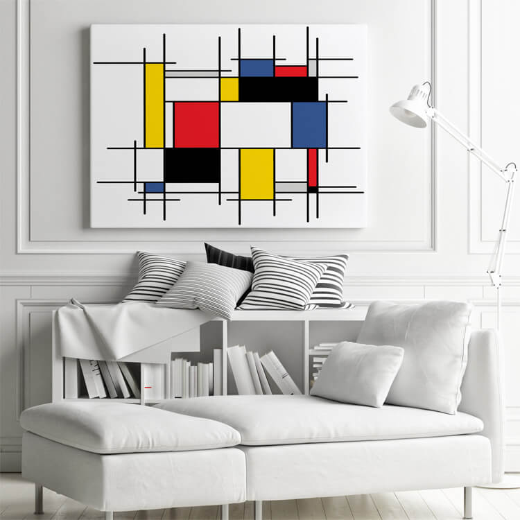M4 0006 M Mockups PANORAMIC 0000s 0019 AdobeStock 300663889 Abstract painting, geometric, squares, black, blue, yellow,