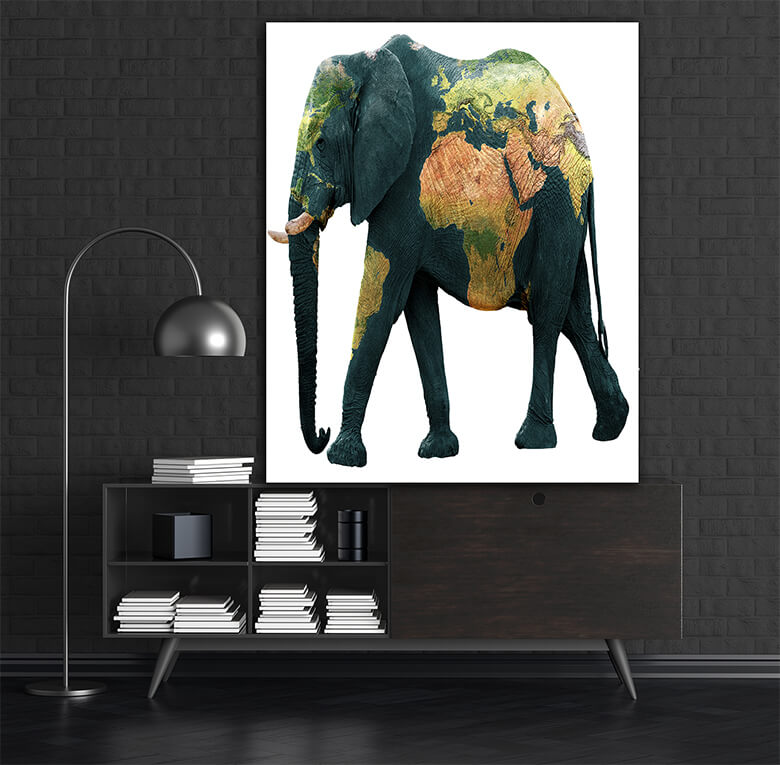 M1 0010 MOCKUPs 0019 PRINT LANDSCAPE 0021 36241948 isolated elephant with earth painted on skin AOAY1604