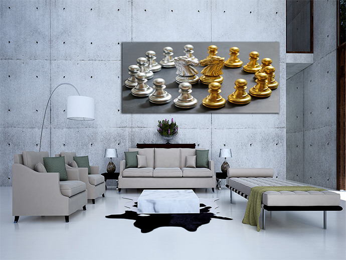 M3 0022 MP 0011 32112614 gold and silver chess on black background focus on knight AOAY1473