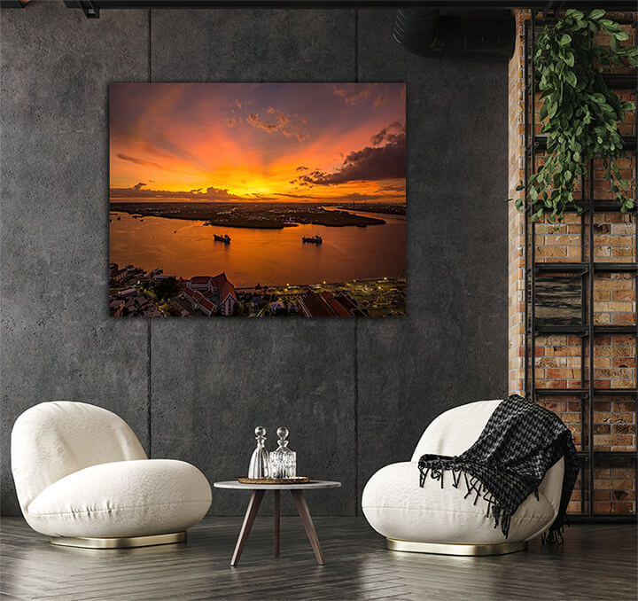 M1 0002 MOCKUPs 0007 38729536 birds eye view of samut prakan thailand sunset over the chao phraya river orange sky AOAY2148