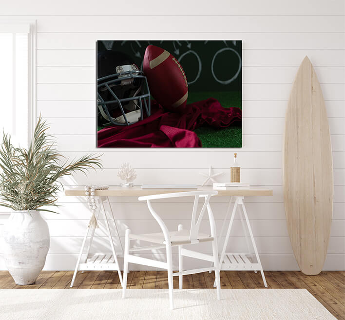 M2 0019 ML 0005 29573090 american football jersey head gear and football lying on artificial turf against strategy board AOAY2639