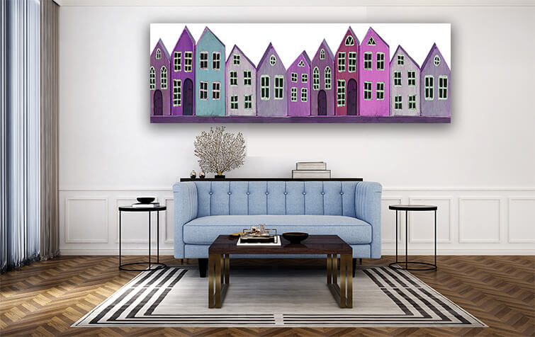 M5 0010 MPanormaic 0000s 0000 36743650 wooden toy purple houses on a white background banner miniature town AOAY3268