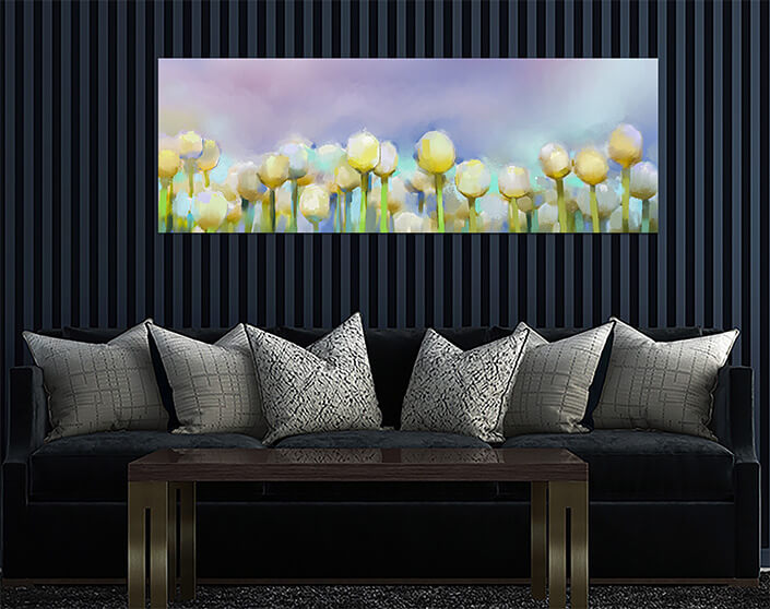 WEB 02 0024 ML 0026 21421588 oil painting yellow tulip flowers in field with blue sky background AOAY3809