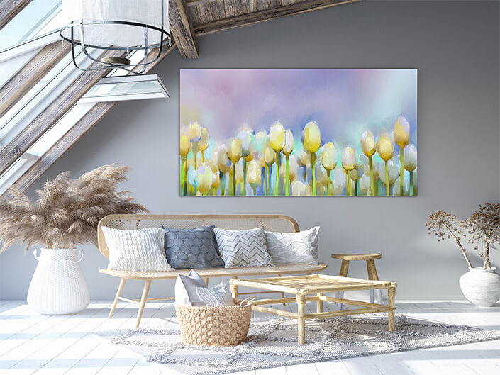 WEB 03 0018 ML 0026 21421588 oil painting yellow tulip flowers in field with blue sky background AOAY3809