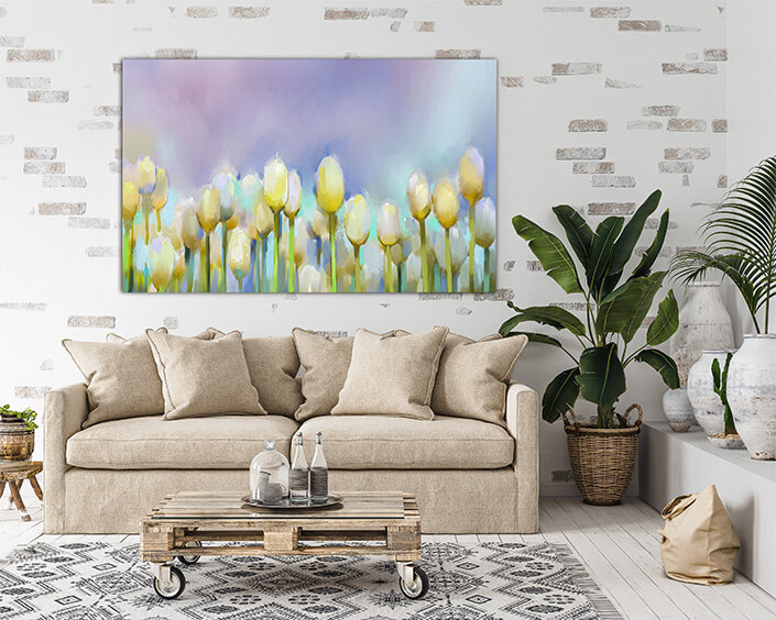 WEB 04 0013 ML 0026 21421588 oil painting yellow tulip flowers in field with blue sky background AOAY3809