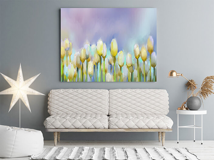 WEB 07 0020 ML 0026 21421588 oil painting yellow tulip flowers in field with blue sky background AOAY3809