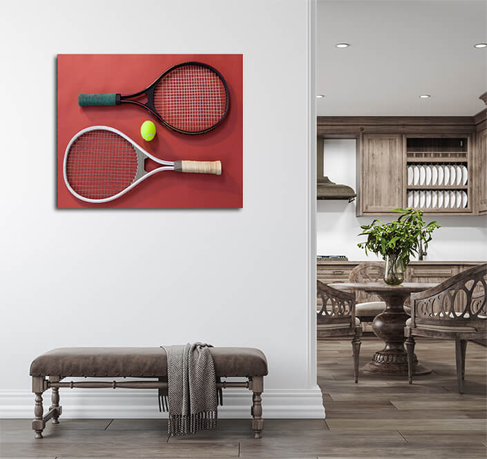 WEB004 0026 ML 0042 29579010 high angle view of ball amidst tennis rackets AOAY5705