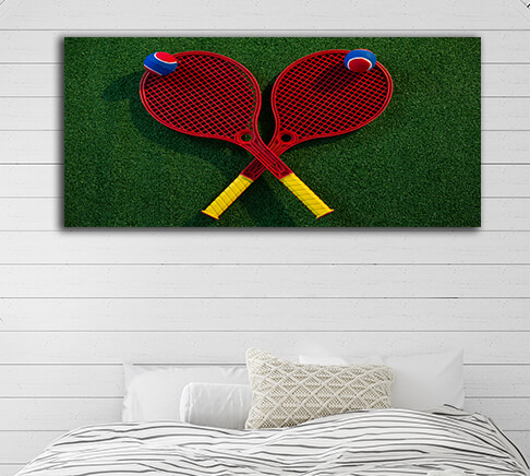 WEB008 0064 ML 0041 29579124 overhead view of colorful tennis balls on rackets AOAY5706