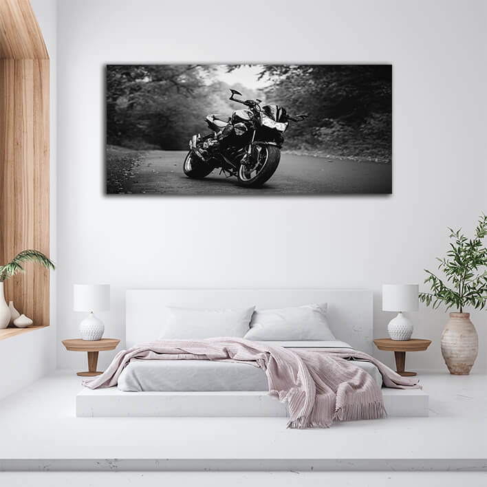 WEB002 0034 WEB001 0005 48370174 black sports motorcycle standing on a forest road on a background of green trees AOAY5974