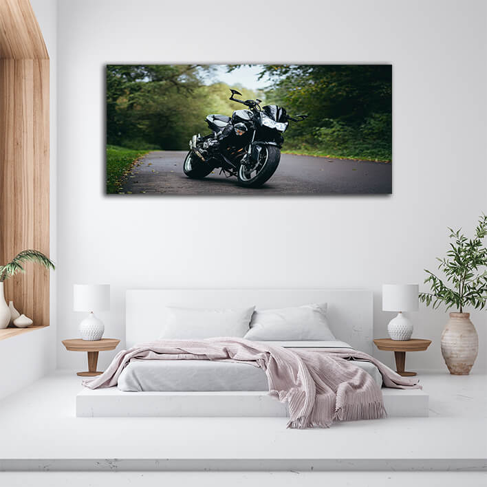 WEB002 0035 WEB001 0004 48370174 black sports motorcycle standing on a forest road on a background of green trees AOAY63