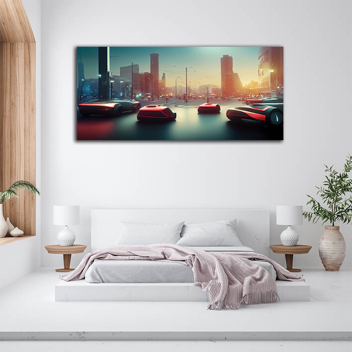 WEB002 0036 WEB001 0003 48718682 red futuristic delivery cars in future city AOAY5195