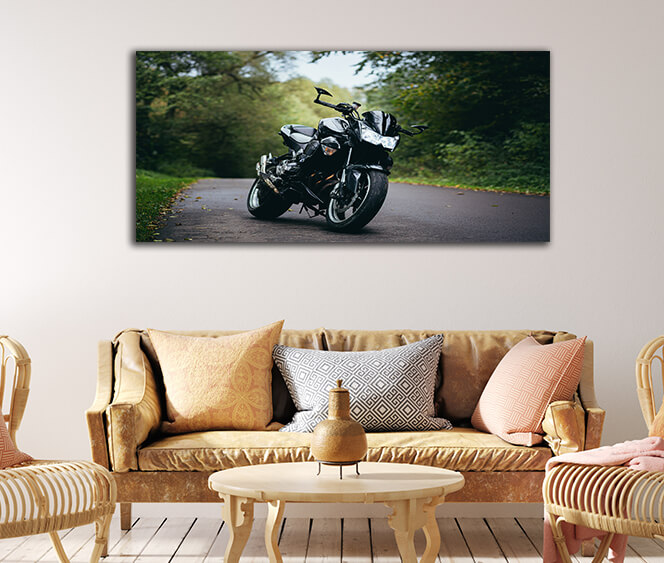 WEB003 0026 WEB001 0004 48370174 black sports motorcycle standing on a forest road on a background of green trees AOAY63