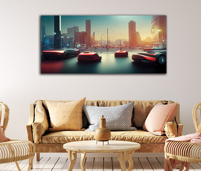 WEB003 0027 WEB001 0003 48718682 red futuristic delivery cars in future city AOAY5195