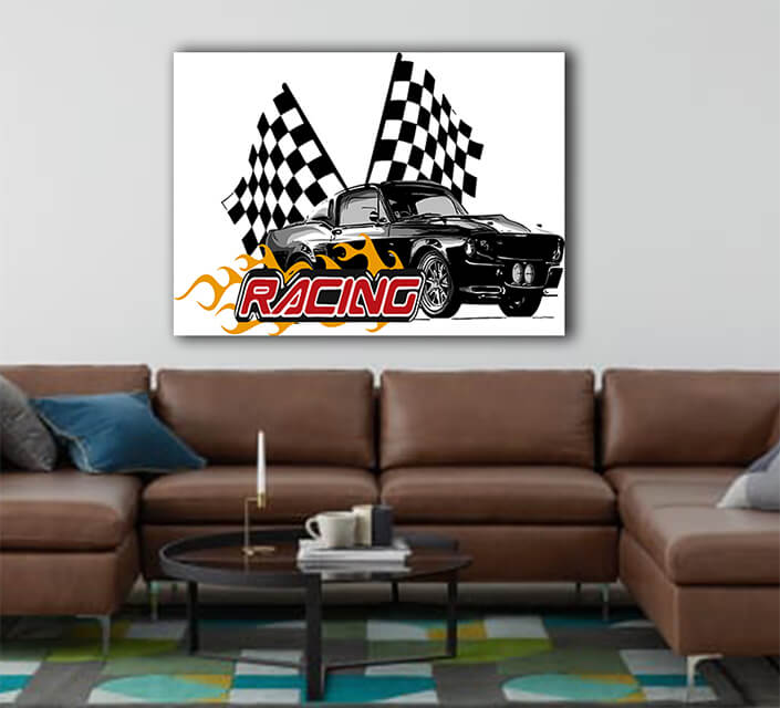 WEB003 0031 ML 0042 27113660 vector illustration muscle car with flames and race flag AOAY5824