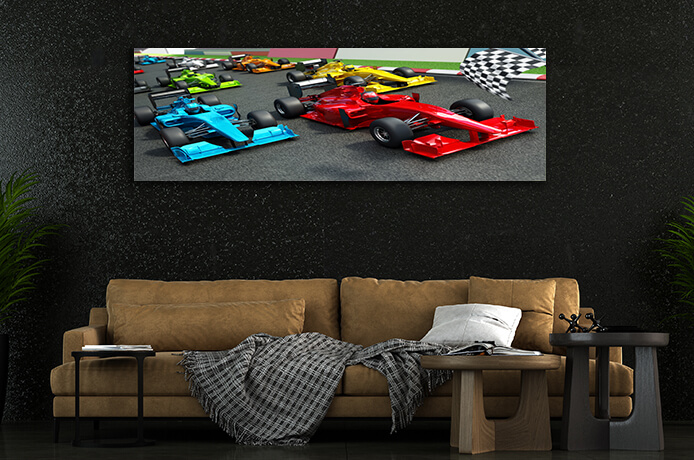 WEB004 0026 WEB001 0013 47247812 racing cars on the track with waving checkered flag 3d illustration AOAY5192