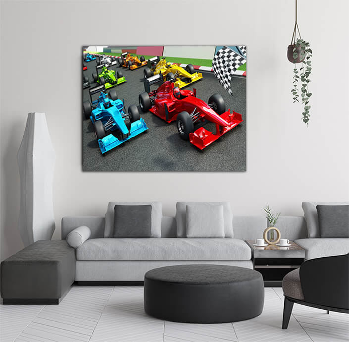 WEB005 0028 WEB001 0013 47247812 racing cars on the track with waving checkered flag 3d illustration AOAY5192