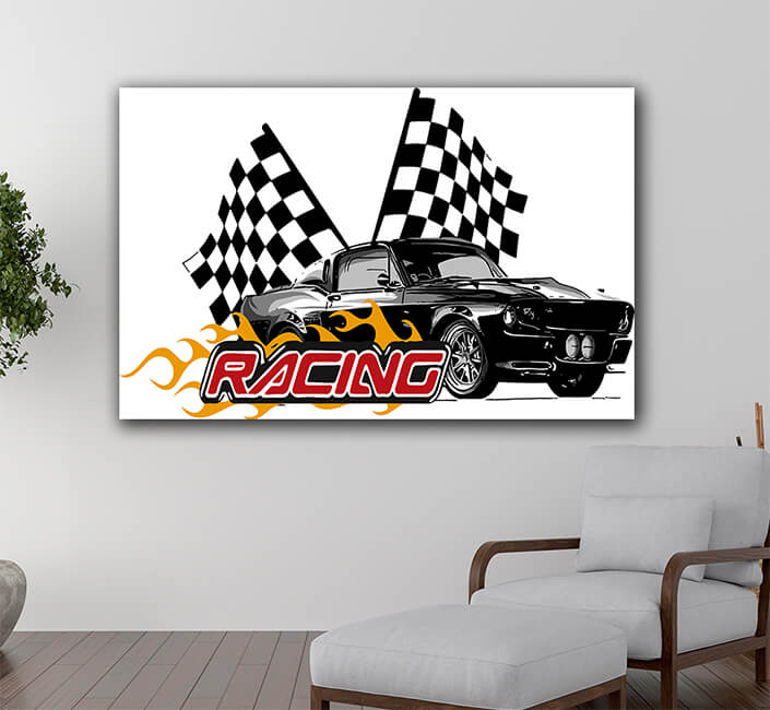 WEB005 0031 ML 0042 27113660 vector illustration muscle car with flames and race flag AOAY5824