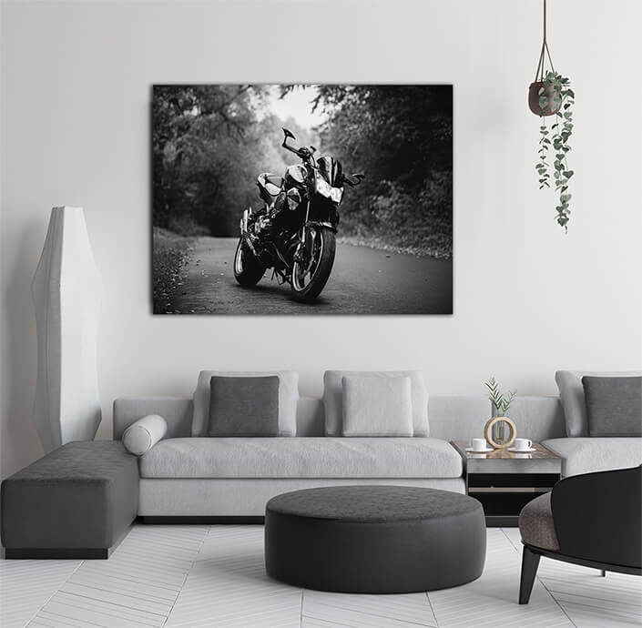 WEB005 0036 WEB001 0005 48370174 black sports motorcycle standing on a forest road on a background of green trees AOAY5974