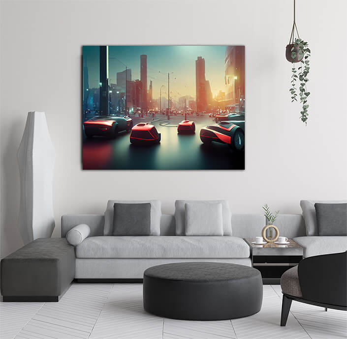 WEB005 0038 WEB001 0003 48718682 red futuristic delivery cars in future city AOAY5195