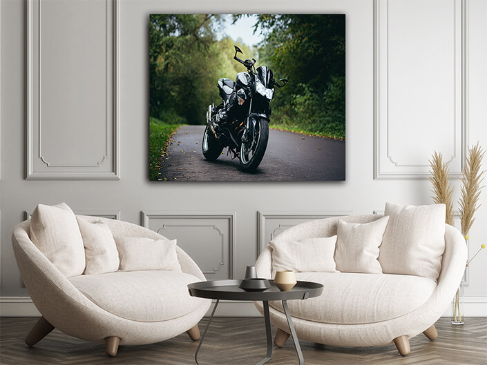 WEB006 0037 WEB001 0004 48370174 black sports motorcycle standing on a forest road on a background of green trees AOAY6331