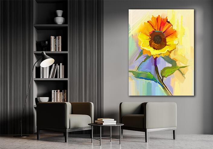 WEB002 0001 MP 0031 22743704 oil painting a single yellow sunflower with green leaves AOAY7028