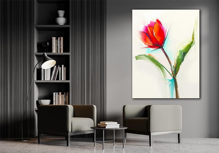WEB002 0002 MP 0030 22743724 oil painting a single red tulip flower with green leaves AOAY7027