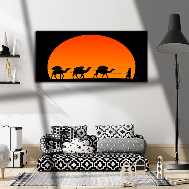 WEB002_0011_ML_0004_32220612_camel caravan silhouette against sunset on the desert AOAY7072