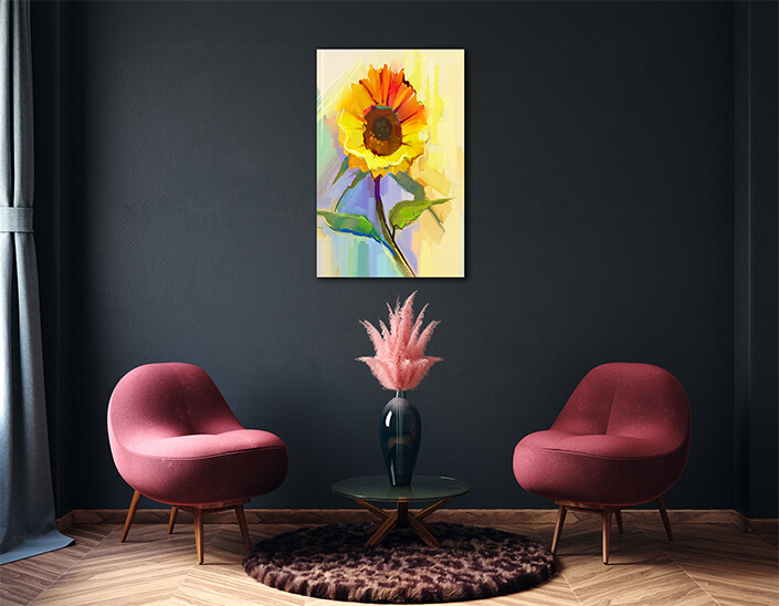 WEB003 0001 MP 0031 22743704 oil painting a single yellow sunflower with green leaves AOAY7028