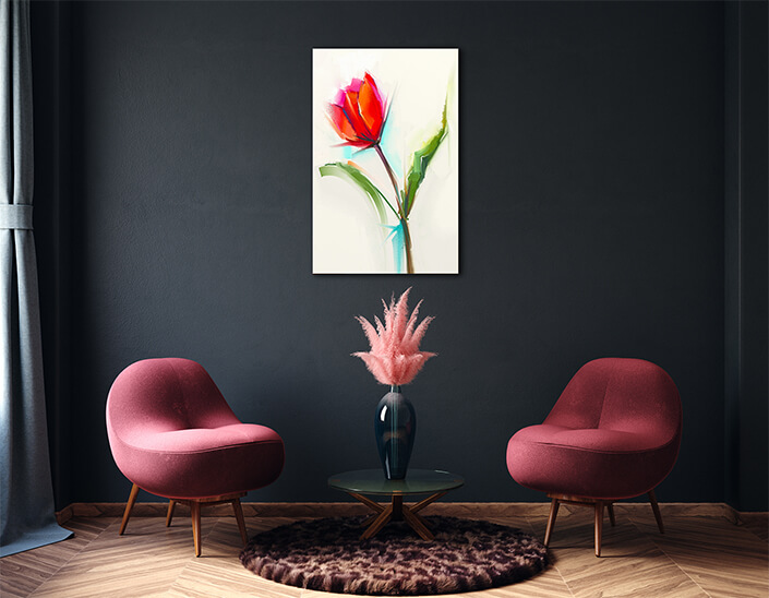 WEB003 0002 MP 0030 22743724 oil painting a single red tulip flower with green leaves AOAY7027
