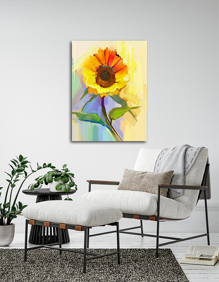 WEB004 0001 MP 0031 22743704 oil painting a single yellow sunflower with green leaves AOAY7028