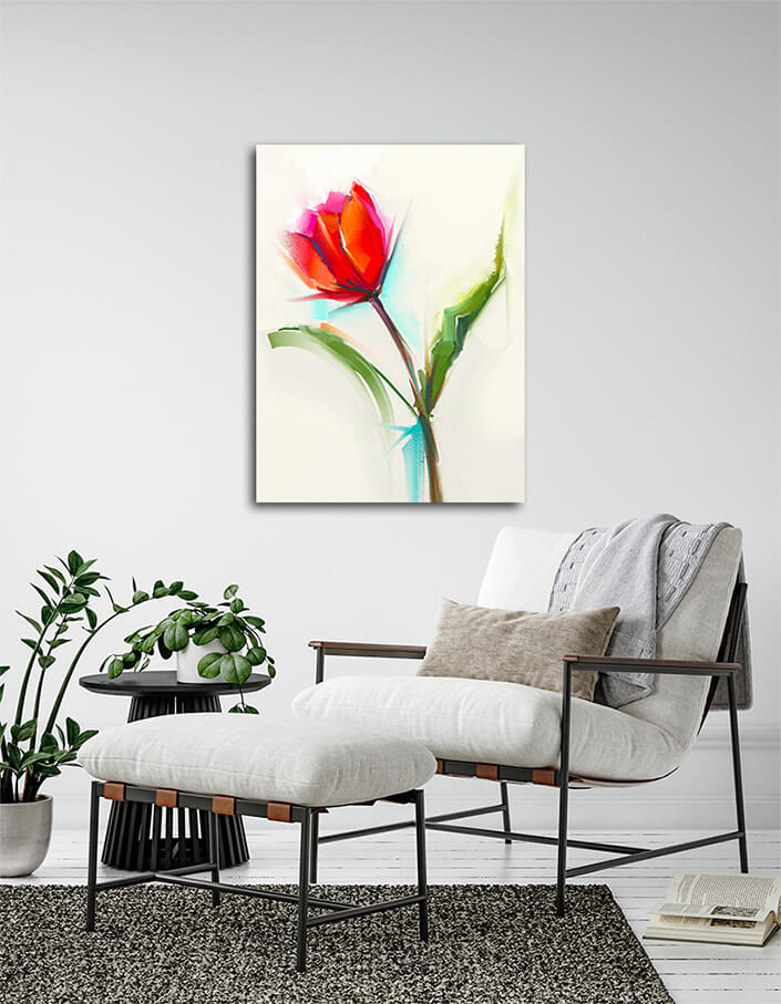 WEB004 0002 MP 0030 22743724 oil painting a single red tulip flower with green leaves AOAY7027