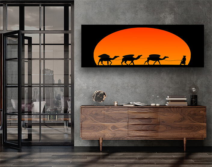 WEB004_0009_ML_0004_32220612_camel caravan silhouette against sunset on the desert AOAY7072