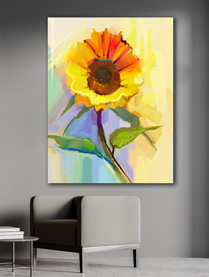 WEB005 0001 MP 0031 22743704 oil painting a single yellow sunflower with green leaves AOAY7028