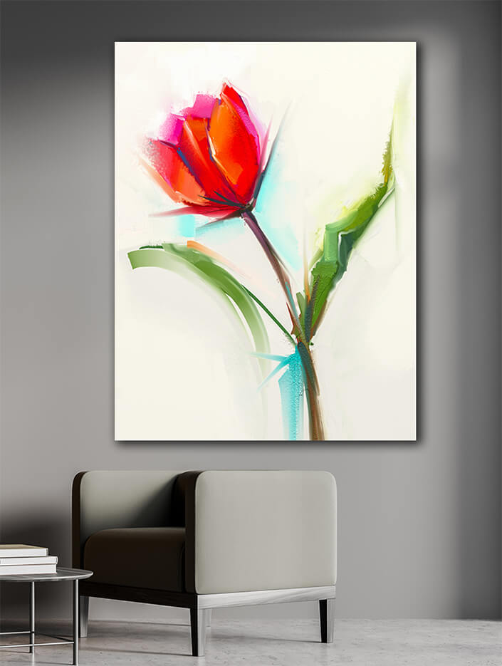 WEB005 0002 MP 0030 22743724 oil painting a single red tulip flower with green leaves AOAY7027