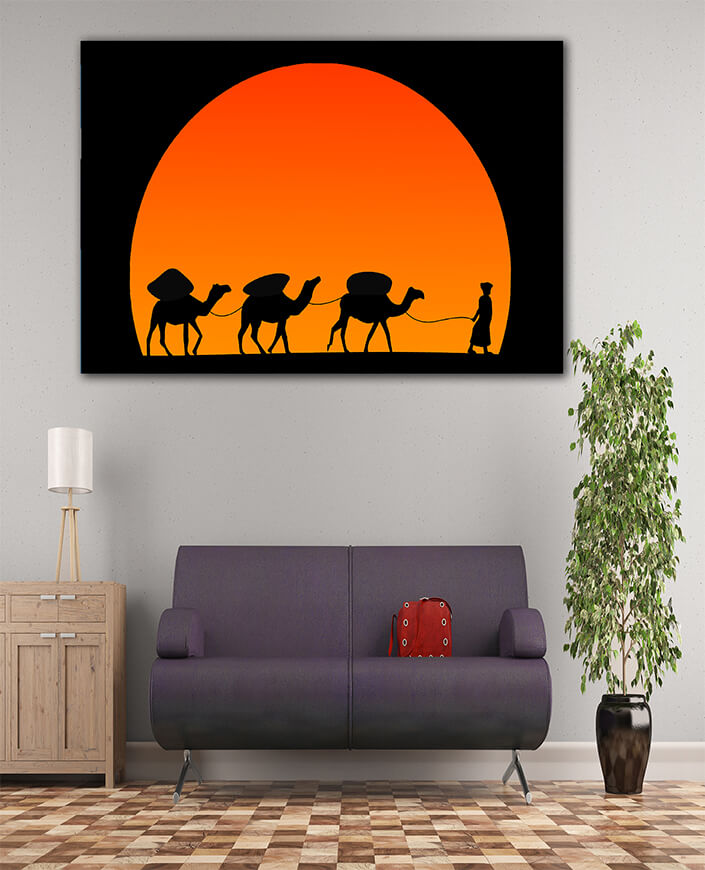 WEB005_0018_ML_0004_32220612_camel caravan silhouette against sunset on the desert AOAY7072