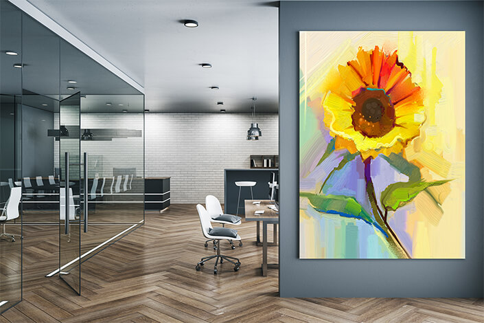 WEB006 0001 MP 0031 22743704 oil painting a single yellow sunflower with green leaves AOAY7028
