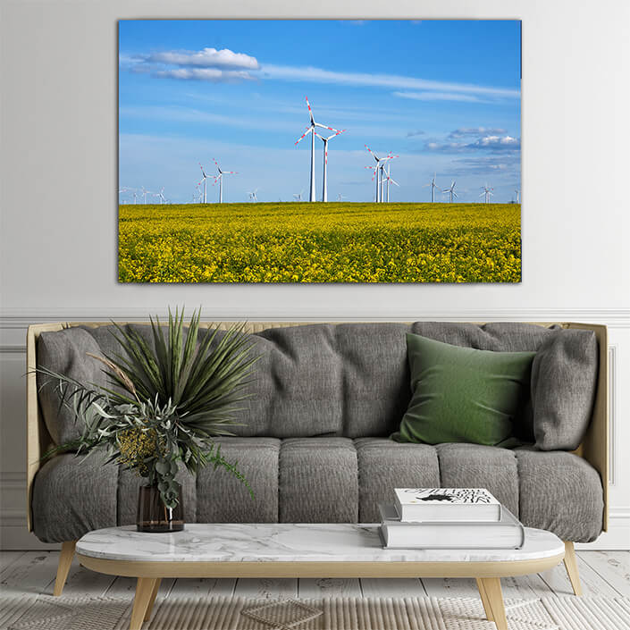 WEB004 0009 MP 0014 31043920 flowering canola field with wind energy generators AOAY7375
