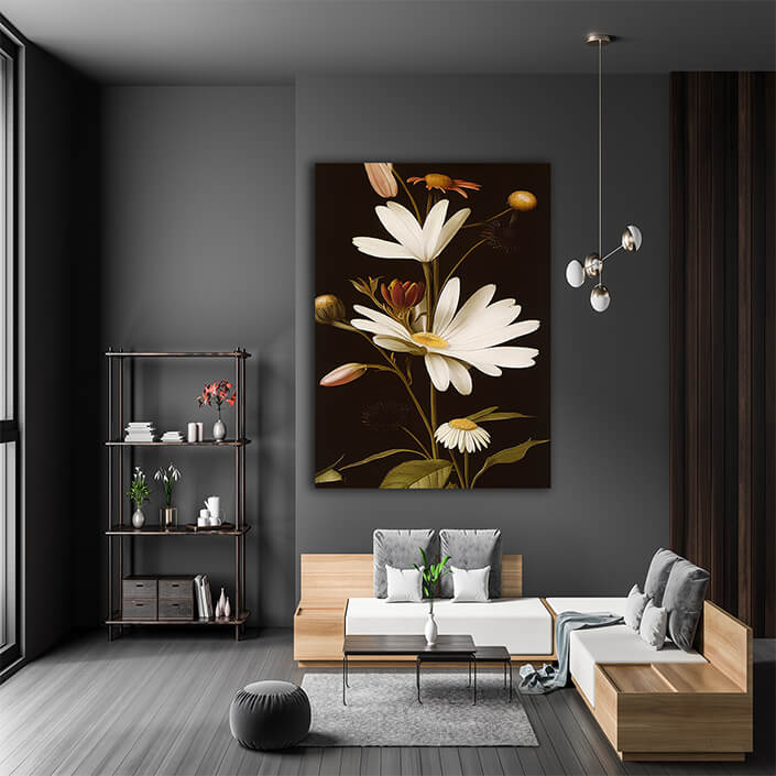 WEB007 0034 ML 0046 49132474 white daisy flowers illustration on black background AOAY8193