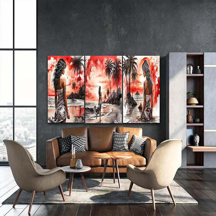 N7 57304998 Woman Walking On Beach Painting Tranquil Seascape Artwork AOA13126